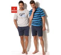 Pyjama H.I.S, Herren, Gr. 44/46 (S), blau (marine, grau, meliert, marine, aquablau), Jersey, Obermaterial: 100% Baumwolle, bedruckt, gestreift, Basic, bequem kurz, Rundhals, abgesteppte Kante, Homewea