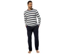 Pyjama H.I.S, Herren, Gr. 44/46 (S), bunt (navy, beige, navy, hellblau, gestreift), Jersey, Obermaterial: 100% Baumwolle, gestreift, Basic, bequem, Rundhals, abgesteppte Kante, Homewear-Sets Pyjama, S