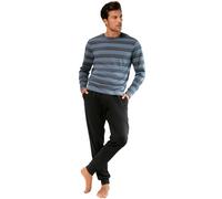 Pyjama H.I.S, Herren, Gr. 48/50 (M), blau (blau, meliert, gestreift, schwarz), Jersey, Obermaterial: 100% Baumwolle, gestreift, Basic, bequem lang, Rundhals, abgesteppte Kante, Homewear-Sets Pyjama, S