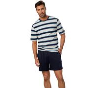 Pyjama H.I.S, Herren, Gr. 52/54 (L), bunt (navy, beige, navy, hellblau, gestreift), Jersey, Obermaterial: 100% Baumwolle, gestreift, Basic, bequem kurz, Rundhals, abgesteppte Kante, Homewear-Sets Pyja