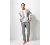 Pyjama H.I.S, Herren, Gr. 52/54 (L), grau (grau, creme), Jersey, Obermaterial: 60% Baumwolle, 40% Polyester, gestreift, Basic, lang, Rundhals, abgesteppte Kante, Homewear-Sets Pyjama, Schlafanzug mit 