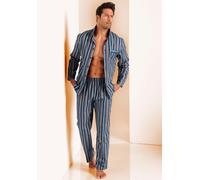 Pyjama H.I.S, Herren, Gr. 56/58, blau (marine, braun), Flanell, Obermaterial: 100% Baumwolle, gestreift, bequem lang, V-Ausschnitt, abgesteppte Kante, Homewear-Sets Pyjama, weich aus Flanell im Streif
