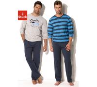 Pyjama H.I.S, Herren, Gr. 56/58 (XL), blau (marine, grau, meliert, marine, aquablau), Jersey, Obermaterial: 100% Baumwolle, bedruckt, gestreift, Basic, lang, Rundhals, abgesteppte Kante, Homewear-Sets