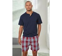 Pyjama H.I.S, Herren, Gr. 56/58 (XL), bunt (marine, bordeaux), Jersey, Obermaterial: 100% Baumwolle, kariert, Basic, bequem kurz, Rundhals, abgesteppte Kante, Homewear-Sets Pyjama, Schlafanzug mit Web