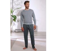 Pyjama H.I.S, Herren, Gr. 56/58 (XL), grün (grün, creme), Jersey, Obermaterial: 60% Baumwolle, 40% Polyester, gestreift, Basic, lang, Rundhals, abgesteppte Kante, Homewear-Sets Pyjama, Schlafanzug mit