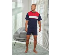 Pyjama H.I.S, Herren, Gr. 56/58 (XL), weiß (marine, rot, weiß), Jersey, Obermaterial: 100% Baumwolle, unifarben mit Farbeinsätzen, Basic, bequem kurz, Rundhals, abgesteppte Kante, Homewear-Sets Pyjama