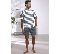 Pyjama H.I.S, Herren, Gr. 60/62 (XXL), grün (grün, creme), Jersey, Obermaterial: 60% Baumwolle, 40% Polyester, gestreift, Basic, bequem kurz, Rundhals, abgesteppte Kante, Homewear-Sets Pyjama, Schlafa