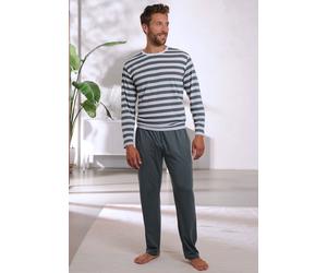 Pyjama H.I.S, Herren, Gr. 60/62 (XXL), grün (grün, creme), Jersey, Obermaterial: 60% Baumwolle, 40% Polyester, gestreift, Basic, lang, Rundhals, abgesteppte Kante, Homewear-Sets Pyjama, Schlafanzug mi