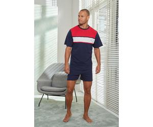Pyjama H.I.S, Herren, Gr. 60/62 (XXL), weiß (marine, rot, weiß), Jersey, Obermaterial: 100% Baumwolle, unifarben mit Farbeinsätzen, Basic, bequem kurz, Rundhals, abgesteppte Kante, Homewear-Sets Pyjam