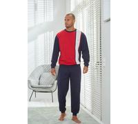 Pyjama H.I.S "Schlafanzug für Herren", Herren, Gr. 44/46 (S), weiß (marine, rot, weiß), Jersey, Obermaterial: 100% Baumwolle, unifarben mit Farbeinsätzen, Basic, bequem, Rundhals, angesetztes Bündchen