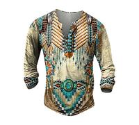 Pyjama Herren Lang Felljacke Damen tshirt langarm 3D Druck Henley Shirt Freizeit Distressed Henley Hemd Indian Tribal Langarmshirt mit Tasten V-Ausschnitt Sportshirt Outdoor Tactical Tshirts Gelb 3XL
