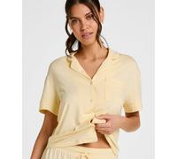 Pyjama HUNKEMÖLLER "Essential Jersey Short-Sleeved Jacket", Damen, Gr. L, gelb, 92% Viskose, 8% Elasthan, Homewear-Sets Pyjama (36453260-L) gelb