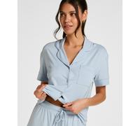 Pyjama HUNKEMÖLLER "Kurzärmelige Jersey-Jacke Essential", Damen, Gr. S, blau, 92% Viskose, 8% Elasthan, Homewear-Sets Pyjama (43890663-S) blau
