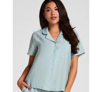 Pyjama HUNKEMÖLLER "Pyjama Jacket Crinkled", Damen, Gr. S, blau, 74% Viskose, 22% Polyamid, 4% Leinen, Homewear-Sets Pyjama (54012300-S) blau