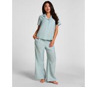 Pyjama HUNKEMÖLLER "Pyjama Pant Crinkled", Damen, Gr. S, grün (blau), 74% Viskose, 22% Polyamid, 4% Leinen, Homewear-Sets Pyjama (56867768-S) blau