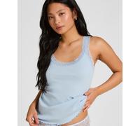 Pyjama HUNKEMÖLLER "Rippjersey-Top mit Spitze", Damen, Gr. M, blau, 45% Baumwolle, 45% Viskose, 10% Elasthan, Homewear-Sets Pyjama (18002112-M) blau