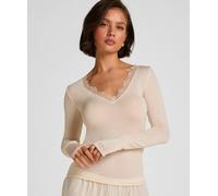 Pyjama HUNKEMÖLLER "super soft Lace V-Neck shirt with Cashmere", Damen, Gr. M, beige, 85% Modal, 10% Kaschmirwolle, 5% Elasthan, Homewear-Sets Pyjama (26285502-M) beige