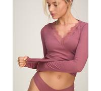 Pyjama HUNKEMÖLLER "super soft Lace V-Neck shirt with Cashmere", Damen, Gr. XS, rosa (lila), 85% Modal, 10% Kaschmirwolle, 5% Elasthan, Homewear-Sets Pyjama (86170123-XS) lila