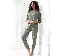 Pyjama KANGAROOS, Damen, Gr. 36/38, grün (khaki), Single Jersey, Obermaterial: 100% Baumwolle, bedruckt, Basic, bequem lang, Rundhals, Rippbündchen, Homewear-Sets Pyjama, mit Slogan-Frontdruck (673952