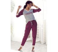 Pyjama KANGAROOS, Damen, Gr. 36/38, rot (bordeaux, grau, meliert), Single Jersey, Graumeliert (Obermaterial): 90% Baumwolle, 10% Polyester. Obermaterial: 100% Baumwolle, bedruckt, bequem lang, V-Aussc