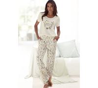 Pyjama LASCANA, Damen, Gr. 32/34, beige (ecru, gemustert), Single Jersey, Obermaterial: 50% Baumwolle, 50% Viskose, geblümt, loose fit lang, Rundhals, eingesetzt, Homewear-Sets Pyjama, mit schönem Blu