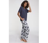 Pyjama LASCANA, Damen, Gr. 32/34, blau (blau, geblümt), Single Jersey, Obermaterial: 50% Baumwolle, 45% Viskose, 5% Elasthan, geblümt, bequem, V-Ausschnitt, 3/4-Ärmel, Homewear-Sets, mit schönem Blume