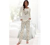 Pyjama LASCANA, Damen, Gr. 32/34, blau (ecru, gemustert), Single Jersey, Obermaterial: 50% Baumwolle, 50% Viskose, geblümt, loose fit lang, Rundhals, eingesetzt, Homewear-Sets Pyjama, mit schönem Blum