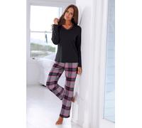 Pyjama LASCANA, Damen, Gr. 32, bunt (schwarz, pink, kariert), Flanell, Obermaterial: 100% Baumwolle, Basic, Basic lang, V-Ausschnitt, eingesetzt, Homewear-Sets Pyjama, mit kuscheliger Flanellhose (588