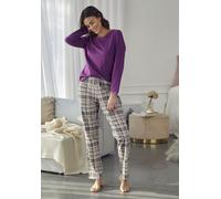 Pyjama LASCANA, Damen, Gr. 32, lila (beere), Single Jersey, Obermaterial: 100% Baumwolle, kariert, figurumspielend lang, Rundhals, eingesetzt Babylock, Homewear-Sets Pyjama, mit Flanellhose im Karomus