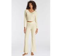Pyjama LASCANA, Damen, Gr. 36/38, beige (ecru), Single Jersey, Obermaterial: 63% Polyester, 33% Viskose, 4% Elasthan, schmal lang, tiefer V-Ausschnitt, Homewear-Sets Pyjama, aus schönem Ripp-Material 