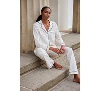 Pyjama LASCANA, Damen, Gr. 40/42, beige (ecru), Single Jersey, Obermaterial: 50% Baumwolle, 50% Viskose, bedruckt, kontrastfarbene Details, unifarben, klassisch lang, V-Ausschnitt, Homewear-Sets, mit 