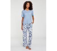 Pyjama LASCANA, Damen, Gr. 40/42, blau (blau, blau geblümt), Single Jersey, Obermaterial: 50% Baumwolle, 45% Viskose, 5% Elasthan, geblümt, unifarben, loose fit hüftlang, V-Ausschnitt, Homewear-Sets P