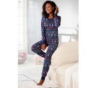Pyjama LASCANA, Damen, Gr. 40/42, blau (dunkelblau gemustert), Single Jersey, Obermaterial: 60% Baumwolle, 40% Polyester, gemustert, festlich, schmal lang, Rundhals, eingesetzt Rippbündchen kontrastfa