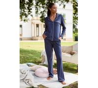 Pyjama LASCANA, Damen, Gr. 40/42, blau (dunkelblau), Single Jersey, Obermaterial: 50% Baumwolle, 50% Viskose, bedruckt, kontrastfarbene Details, unifarben, klassisch lang, V-Ausschnitt, Homewear-Sets 
