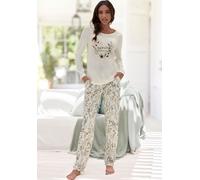 Pyjama LASCANA, Damen, Gr. 40/42, blau (ecru, gemustert), Single Jersey, Obermaterial: 50% Baumwolle, 50% Viskose, geblümt, loose fit lang, Rundhals, eingesetzt, Homewear-Sets Pyjama, mit schönem Blum