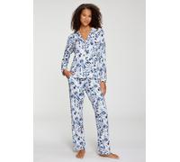 Pyjama LASCANA, Damen, Gr. 40/42, blau geblümt, Single Jersey, Obermaterial: 50% Baumwolle, 45% Viskose, 5% Elasthan, geblümt, figurumspielend hüftlang, V-Ausschnitt, eingesetzt Manschette, Homewear-S