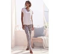 Pyjama LASCANA, Damen, Gr. 40/42, rosa (rosa anthrazit gemustert), Single Jersey, Obermaterial: 100% Viskose, bequem lang, V-Ausschnitt, angeschnitten, Homewear-Sets Pyjama, mit gemusterten Details (8