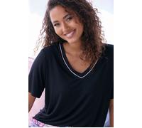 Pyjama LASCANA, Damen, Gr. 40/42, rosa (rosa, schwarz, geblümt), Single Jersey, Obermaterial: 50% Baumwolle, 45% Viskose, 5% Elasthan, geblümt, feminin, bequem lang, V-Ausschnitt, Kurzarm eingesetzt a