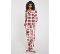 Pyjama LASCANA, Damen, Gr. 40/42, weiß (weiß kariert), Interlock, Obermaterial: 100% Baumwolle, kariert, Basic, bequem lang, V-Ausschnitt, Manschette, Homewear-Sets, incl. Schlafmaske (24202056-40) we