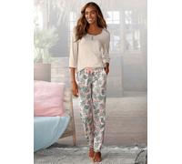 Pyjama LASCANA, Damen, Gr. 44/46, beige (sand, bedruckt), Single Jersey, Obermaterial: 100% Baumwolle, bedruckt, Basic lang, Rundhals, eingesetzt,mit Aufschlag,mit Riegel, Homewear-Sets Pyjama, mit ge