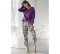 Pyjama LASCANA, Damen, Gr. 44, lila (beere), Single Jersey, Obermaterial: 100% Baumwolle, kariert, figurumspielend lang, Rundhals, eingesetzt Babylock, Homewear-Sets Pyjama, mit Flanellhose im Karomus