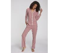 Pyjama LASCANA, Damen, Gr. 48/50, blau (rot, weiß, gestreift), Single Jersey, Obermaterial: 100% Baumwolle, gestreift, bequem lang, V-Ausschnitt, Homewear-Sets Pyjama, Mit Weihnachtlichem Muster (4753