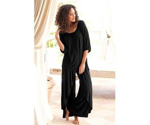 Pyjama LASCANA, Damen, Gr. 48/50, schwarz, Single Jersey, Obermaterial: 100% Viskose, unifarben, loose fit lang, tiefer Rundhals, Raglanärmel elastischer Bund mit innenliegendem Gummizug, Homewear-Set