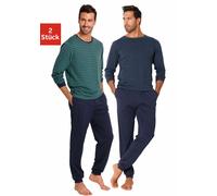 Pyjama LE JOGGER, Herren, Gr. 52/54, bunt (petrol, marine), Jersey, Obermaterial: 100% Baumwolle, gestreift, Basic, bequem lang, Rundhals, angesetztes Bündchen, Homewear-Sets Pyjama, Schlafanazug lang