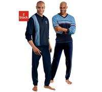 Pyjama LE JOGGER, Herren, Gr. 52/54 (L), blau (blau, marine), Jersey, Obermaterial: 100% Baumwolle, colorblocking, Basic, lang, Rundhals, angesetztes Bündchen, Homewear-Sets Pyjama, Schlafanzug für He