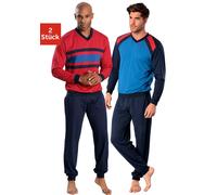 Pyjama LE JOGGER, Herren, Gr. 56/58, bunt (rot, marine, blau, marine), Jersey, Obermaterial: 100% Baumwolle, unifarben mit Farbeinsätzen, Basic, bequem lang, V-Ausschnitt, angesetztes Bündchen, Homewe