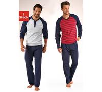 Pyjama LE JOGGER, Herren, Gr. 56/58, rot (grau, meliert, rot), Jersey, Obermaterial: 100% Baumwolle, gestreift, Basic, lang, Rundhals, abgesteppte Kante, Homewear-Sets Pyjama, in langer Form, mit Ragl