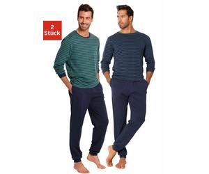 Pyjama LE JOGGER, Herren, Gr. 60/62, bunt (petrol, marine), Jersey, Obermaterial: 100% Baumwolle, gestreift, Basic, bequem lang, Rundhals, angesetztes Bündchen, Homewear-Sets Pyjama, Schlafanazug lang