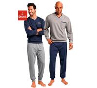 Pyjama LE JOGGER, Herren, Gr. 60/62 (XXL), blau (marine, grau, meliert), Jersey, Obermaterial: 100% Baumwolle, unifarben, Basic, bequem lang, V-Ausschnitt, angesetztes Bündchen, Homewear-Sets Pyjama,