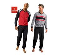 Pyjama LE JOGGER, Herren, Gr. 60/62 (XXL), schwarz (rot, schwarz, grau, schwarz), Jersey, Obermaterial: 100% Baumwolle, unifarben, Basic, lang, V-Ausschnitt, angesetztes Bündchen, Homewear-Sets Pyjama